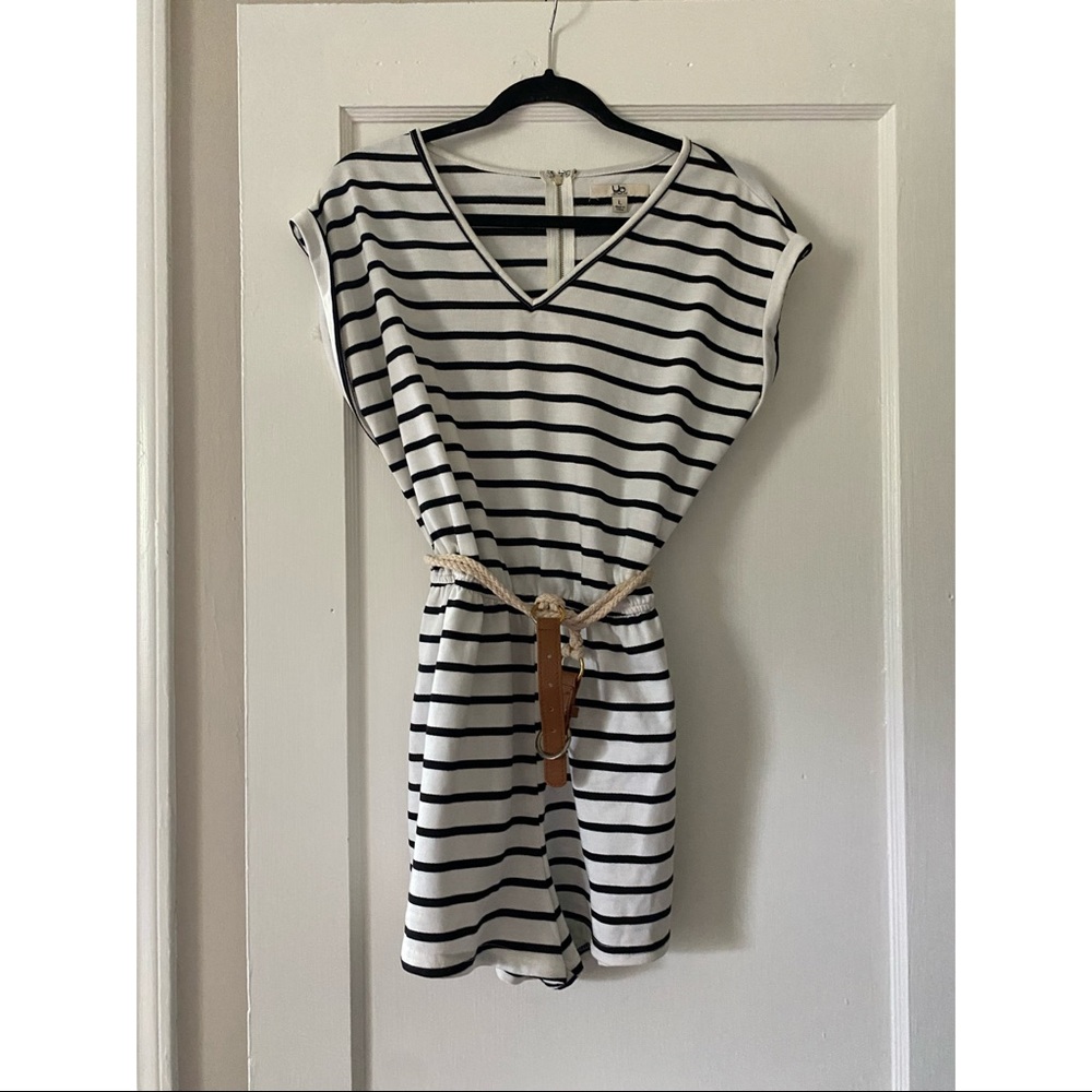Knit belted romper with navy stripes